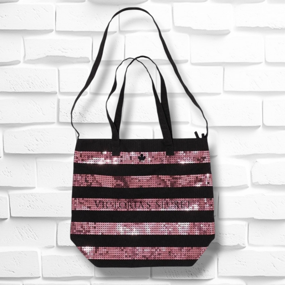 VICTORIA'S SECRET Pink Stripe Sequins Large Canvas Shoulder/Crossbody Tote Bag